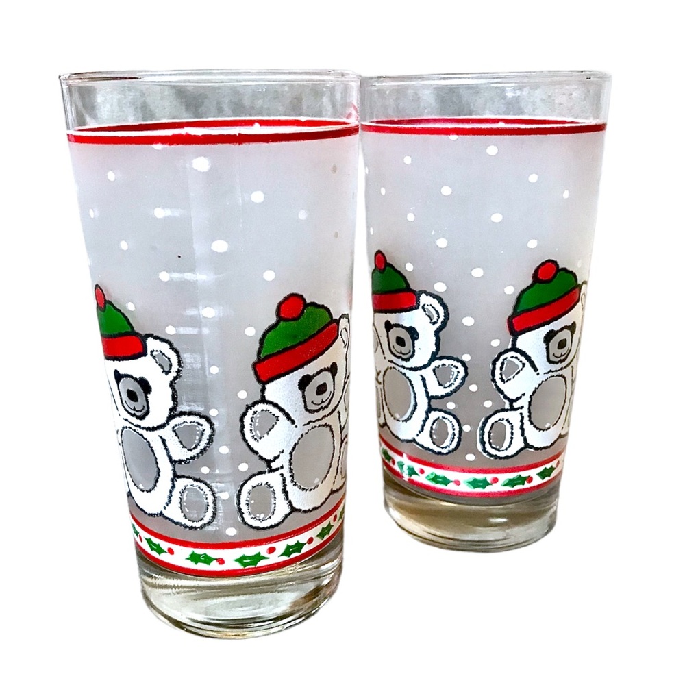 Vintage Christmas teddy bear tumbler glasses frosted polka dot winter holiday